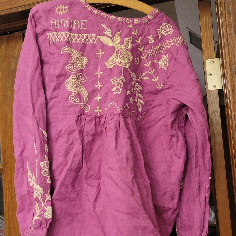 Johnny Was Field Henly Purple Embroidered linen Love Amore Blouse Medium - Picture 6 of 7